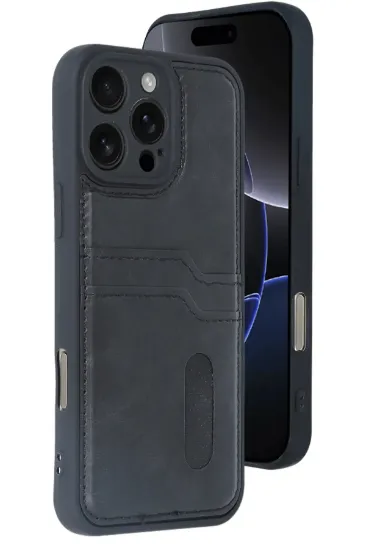 Newface iPhone 16 Pro Max Kılıf Sara Kartvizitli Deri Kılıf - Siyah resmi