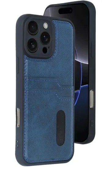 Newface iPhone 16 Pro Max Kılıf Sara Kartvizitli Deri Kılıf - Lacivert resmi
