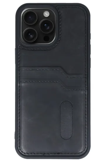 Newface iPhone 15 Pro Max Kılıf Sara Kartvizitli Deri Kılıf - Siyah resmi
