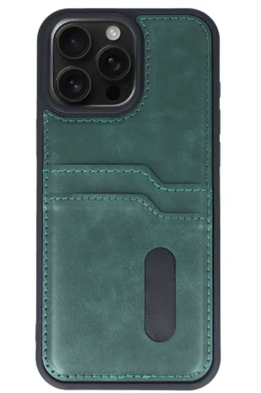 Newface iPhone 15 Pro Max Kılıf Sara Kartvizitli Deri Kılıf - Koyu Yeşil resmi