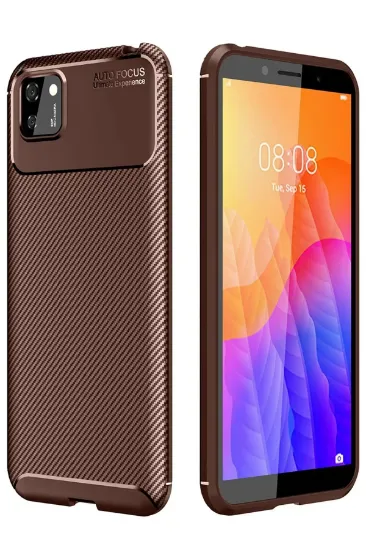 Newface Huawei Y5P Kılıf Auto Focus Karbon Kapak - Kahverengi resmi
