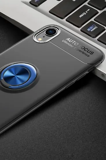 Newface iPhone XR Kılıf Range Yüzüklü Silikon - Siyah-Mavi resmi