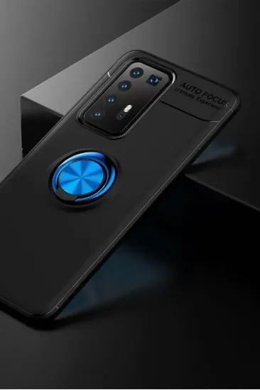 Newface Huawei P40 Pro Kılıf Range Yüzüklü Silikon - Siyah-Mavi resmi