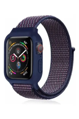 Newface Apple Watch 38mm Hasırlı Cırtcırtlı Kasalı Kordon - Lacivert-Mürdüm resmi