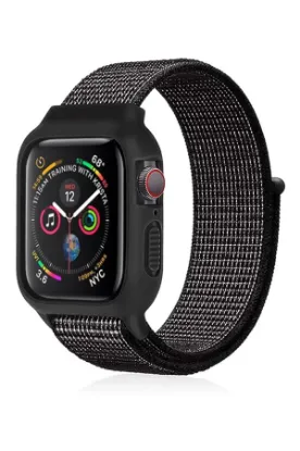 Newface Apple Watch 38mm Hasırlı Cırtcırtlı Kasalı Kordon - Benekli Siyah resmi