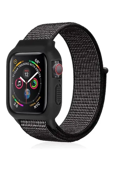 Newface Apple Watch 38mm Hasırlı Cırtcırtlı Kasalı Kordon - Benekli Siyah resmi