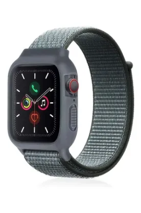 Newface Apple Watch 38mm Hasırlı Cırtcırtlı Kasalı Kordon - Gri-Turkuaz resmi