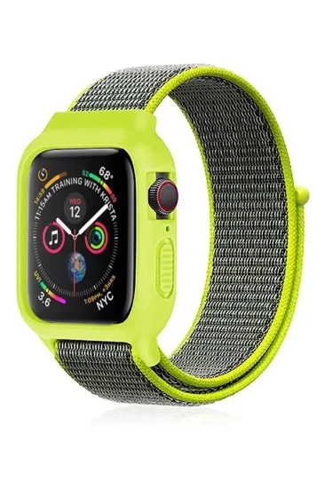 Newface Apple Watch 42mm Hasırlı Cırtcırtlı Kasalı Kordon - Yeşil resmi