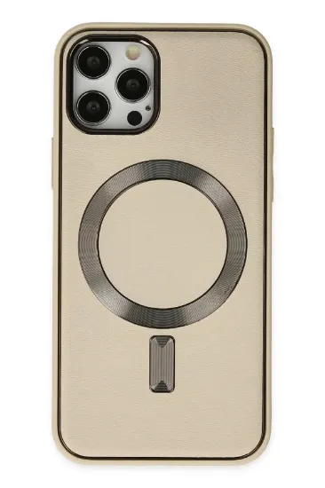 Newface iPhone 12 Pro Max Kılıf Coco Deri Magneticsafe Silikon - Krem resmi