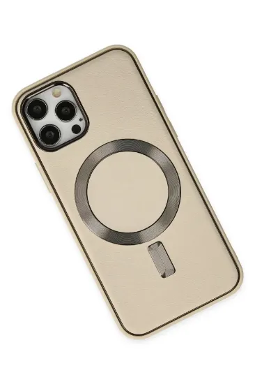 Newface iPhone 12 Pro Max Kılıf Coco Deri Magneticsafe Silikon - Krem resmi