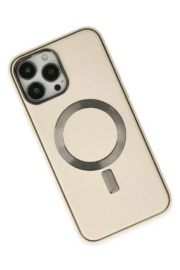 Newface iPhone 13 Pro Kılıf Coco Deri Magneticsafe Silikon - Krem resmi