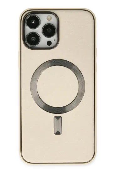 Newface iPhone 13 Pro Max Kılıf Coco Deri Magneticsafe Silikon - Krem resmi