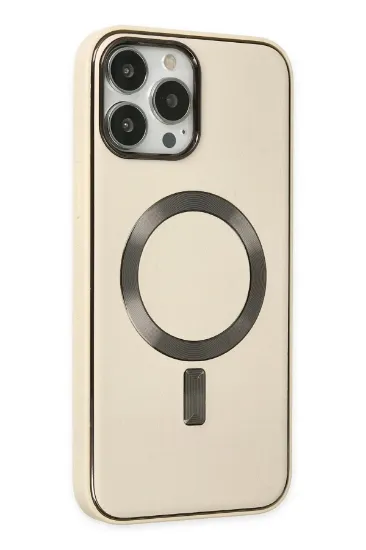 Newface iPhone 13 Pro Max Kılıf Coco Deri Magneticsafe Silikon - Krem resmi