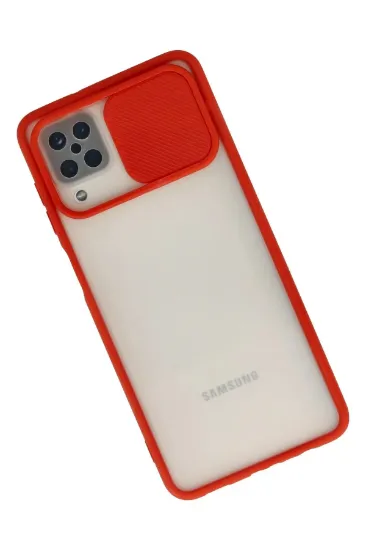 Newface Samsung Galaxy A12 Kılıf Palm Buzlu Kamera Sürgülü Silikon - Kırmızı resmi
