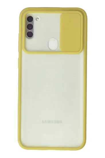 Newface Samsung Galaxy A11 Kılıf Palm Buzlu Kamera Sürgülü Silikon - Sarı resmi