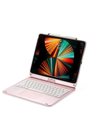Newface iPad Pro 12.9 (2021) Kılıf Magic Dönen Klavyeli Tablet Kılıf - Pembe resmi