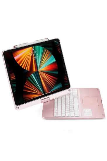 Newface iPad Pro 12.9 (2021) Kılıf Magic Dönen Klavyeli Tablet Kılıf - Pembe resmi
