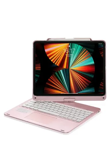 Newface iPad Pro 12.9 (2021) Kılıf Magic Dönen Klavyeli Tablet Kılıf - Pembe resmi