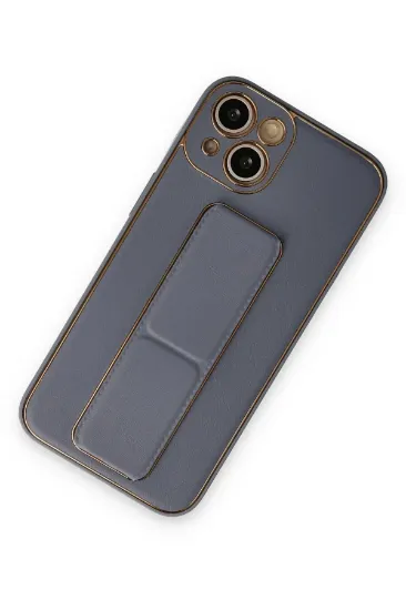 Newface iPhone 14 Plus Kılıf Coco Deri Standlı Kapak - Gri resmi