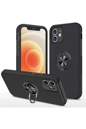 Newface iPhone 12 Kılıf Elit Yüzüklü Kapak - Siyah resmi