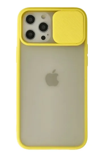 Newface iPhone 12 Pro Max Kılıf Palm Buzlu Kamera Sürgülü Silikon - Sarı resmi