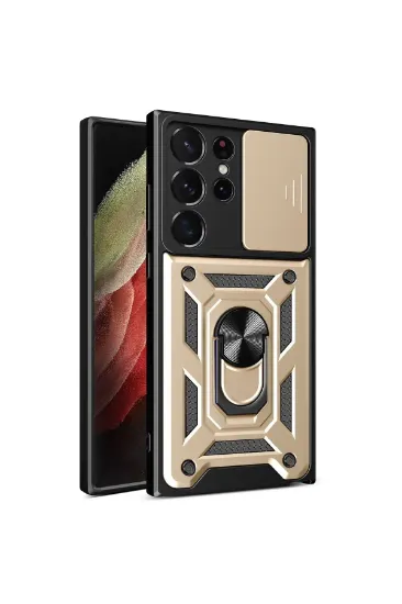 Newface Samsung Galaxy S23 Ultra Kılıf Pars Lens Yüzüklü Silikon - Gold resmi