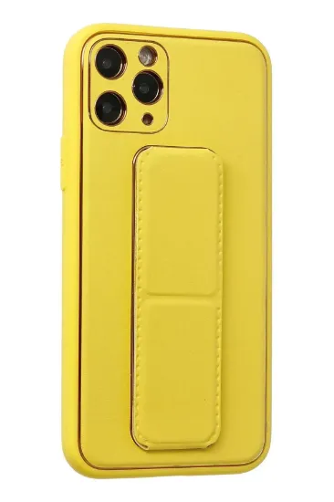 Newface iPhone 11 Pro Kılıf Coco Deri Standlı Kapak - Sarı resmi