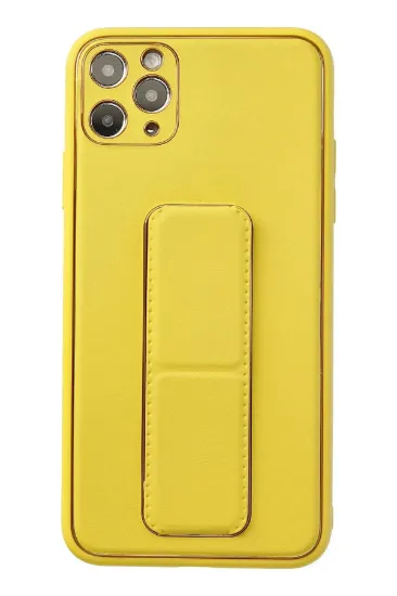 Newface iPhone 11 Pro Max Kılıf Coco Deri Standlı Kapak - Sarı resmi