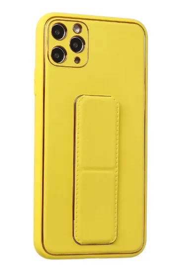 Newface iPhone 11 Pro Max Kılıf Coco Deri Standlı Kapak - Sarı resmi