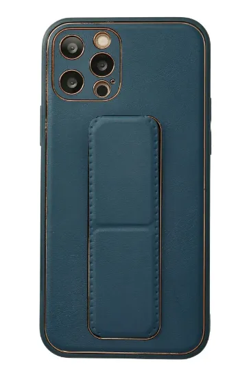 Newface iPhone 12 Pro Kılıf Coco Deri Standlı Kapak - Mavi resmi