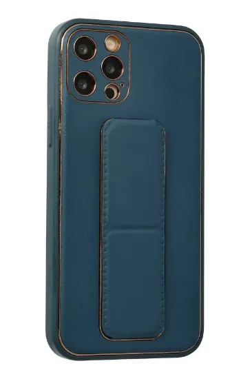 Newface iPhone 12 Pro Kılıf Coco Deri Standlı Kapak - Mavi resmi