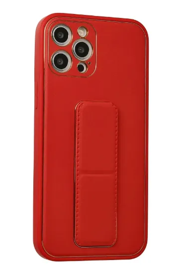 Newface iPhone 12 Pro Max Kılıf Coco Deri Standlı Kapak - Kırmızı resmi