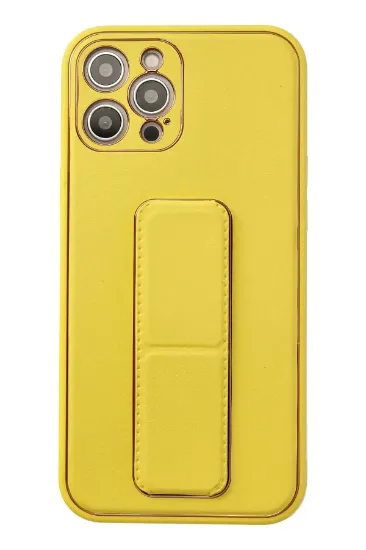 Newface iPhone 12 Pro Max Kılıf Coco Deri Standlı Kapak - Sarı resmi