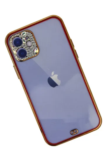 Newface iPhone 12 Kılıf Liva Taşlı Silikon - Kırmızı resmi