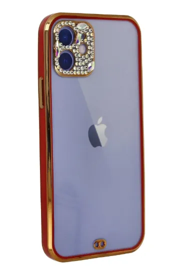 Newface iPhone 12 Kılıf Liva Taşlı Silikon - Kırmızı resmi