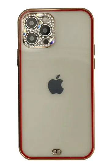 Newface iPhone 12 Pro Max Kılıf Liva Taşlı Silikon - Kırmızı resmi