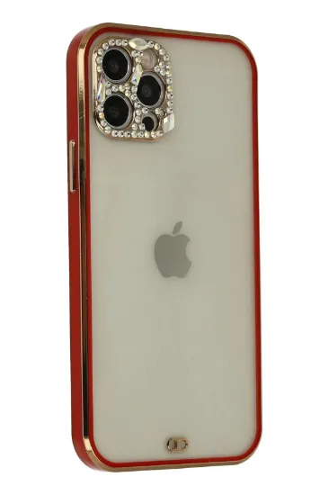Newface iPhone 12 Pro Max Kılıf Liva Taşlı Silikon - Kırmızı resmi