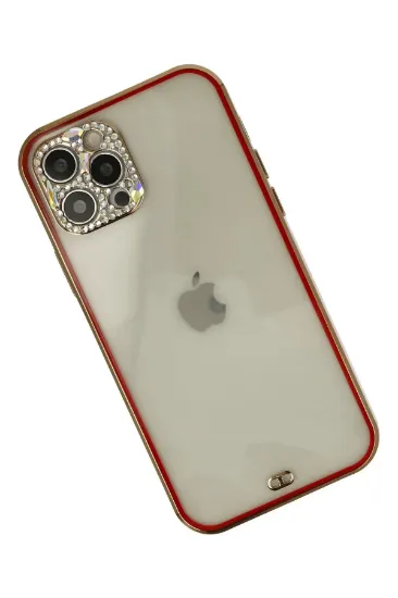 Newface iPhone 12 Pro Max Kılıf Liva Taşlı Silikon - Kırmızı resmi