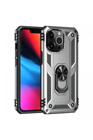 Newface iPhone 13 Pro Max Kılıf Sofya Yüzüklü Silikon Kapak - Gümüş resmi