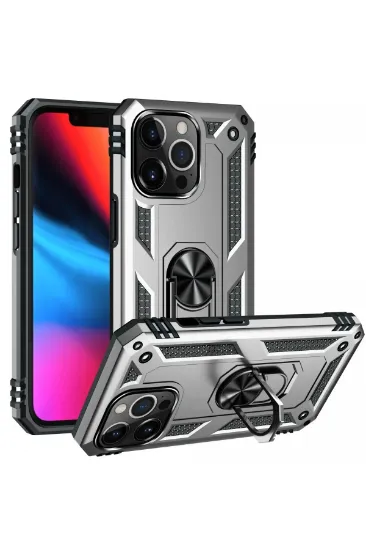 Newface iPhone 13 Pro Max Kılıf Sofya Yüzüklü Silikon Kapak - Gümüş resmi