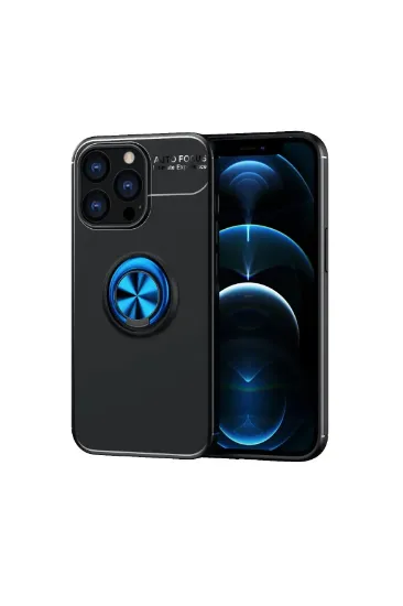 Newface iPhone 13 Pro Max Kılıf Range Yüzüklü Silikon - Siyah-Mavi resmi