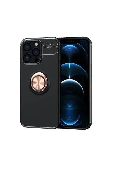 Newface iPhone 13 Pro Max Kılıf Range Yüzüklü Silikon - Siyah-Gold resmi
