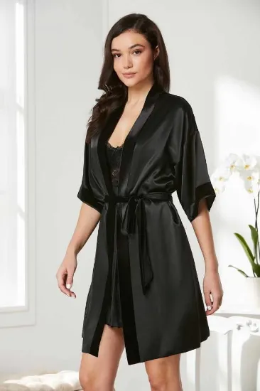 Pierre Cardin 4045 Kadife Saten Dantelli Gecelik ve Sabahlık Takımı resmi