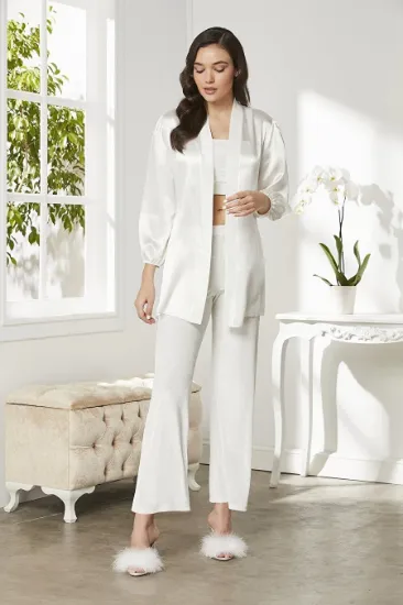 Pierre Cardin 2050 Kadife Saten 3'lü Kadın Crop'lu Pijama Takımı resmi