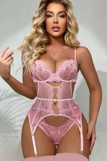 For Dreams 8465 Dantelli Kalp Aksesuar Detaylı Jartiyerli Büstiyer Çorap Takım resmi