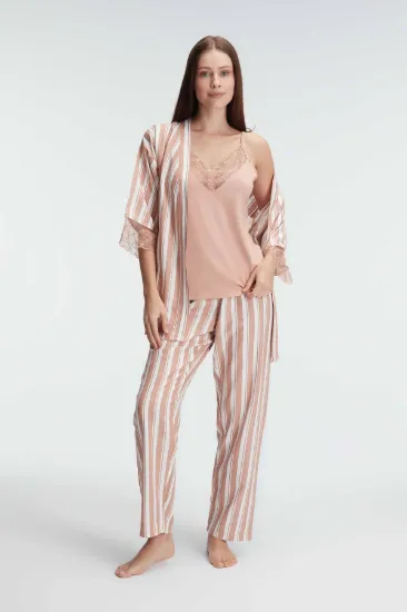 Anıl 5821 İp Askılı V Yaka Kadın Viskon Çizgili Desenli Yazlık Örme Sabahlıklı Pijama Takım resmi