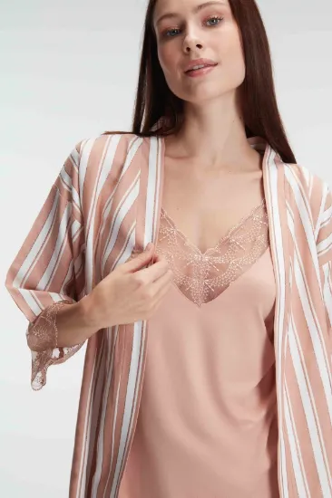 Anıl 5821 İp Askılı V Yaka Kadın Viskon Çizgili Desenli Yazlık Örme Sabahlıklı Pijama Takım resmi