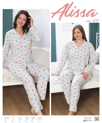 Alissa 6127 Kadın Gri Puanlı Uzun Kol Patlı Pijama Takımı resmi