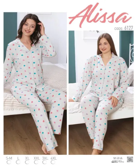 Alissa 6127 Kadın Gri Puanlı Uzun Kol Patlı Pijama Takımı resmi