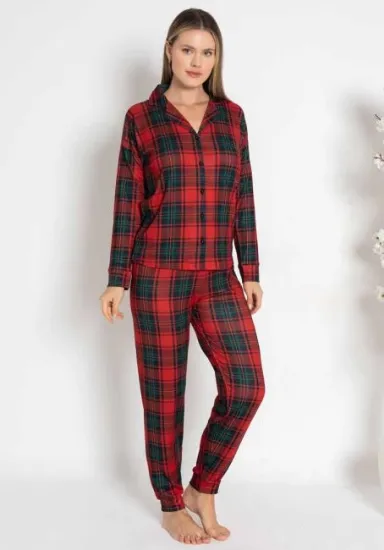 Estiva 24494 Bayan Termal Önü Düğmeli Ekoseli Pijama Takımı resmi